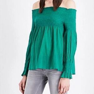 Maje Layfr off shoulder smocked green blouse 
Size 3 (French sizing)